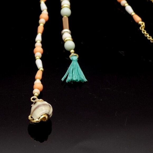 Lucky Brand Lariat Necklace Gold-Tone Bead Shell Fringe Orange Blue - Picture 3 of 3